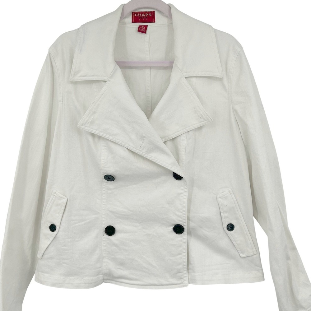 Chaps Wms Denim Peacoat Jacket XL White Double Breasted Nautical Coastal